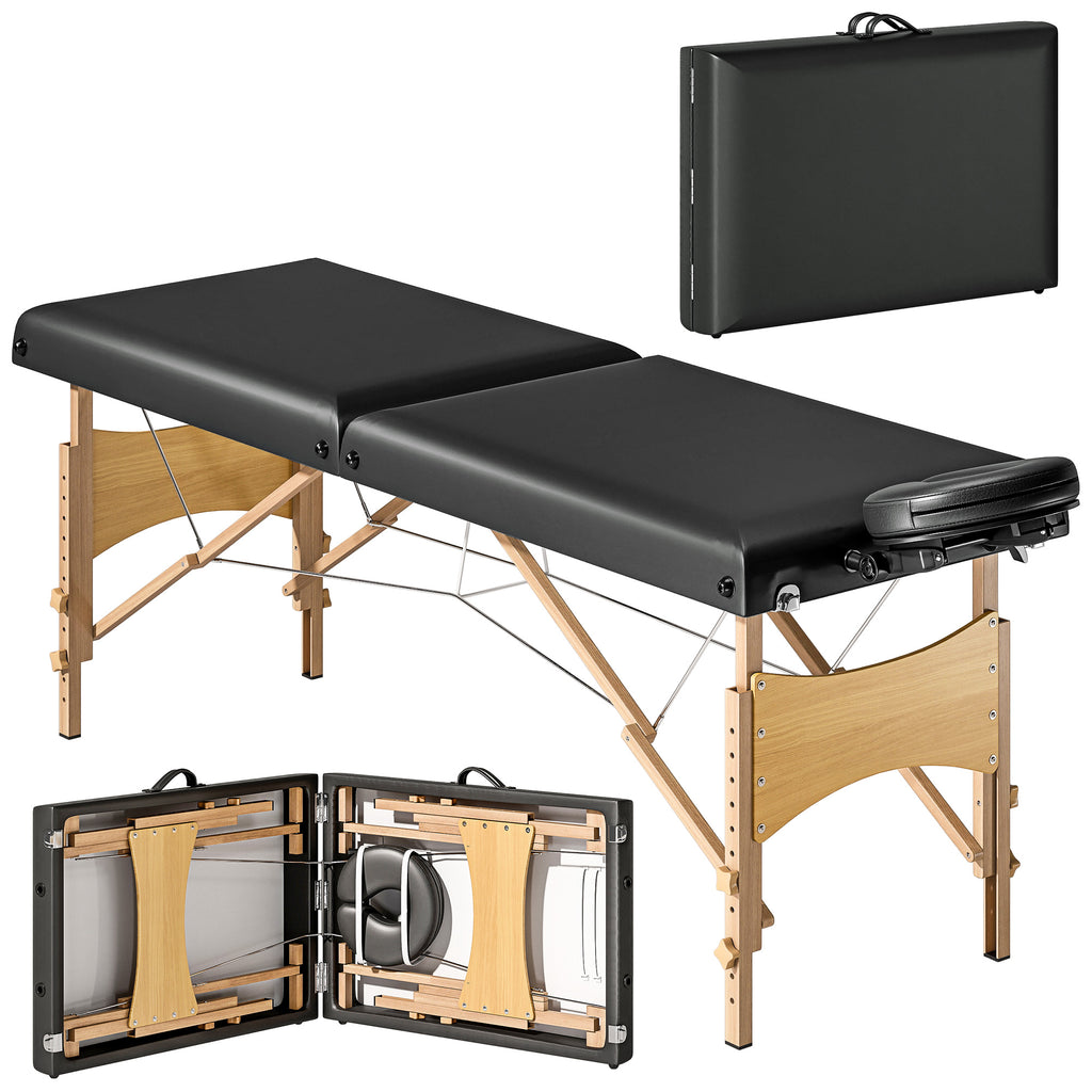 H?henverstellbarer Massagetisch, Holzgestell, Klappbares Massagebett, Schaumstoffpolsterung, Schwarz