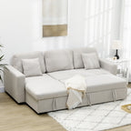 Ecksofa mit Bettfunktion, Eckcouch inklusive 2er-Sitz Sofa, Einzelbett, L-Form mit Stauraum, 2 Kissen Cremeweiß