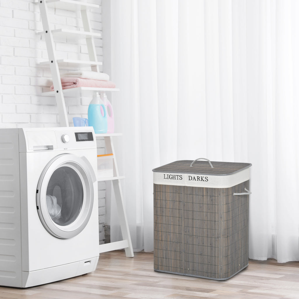 100L Laundry Basket with Lid String Handles, 2 Section Collapsible Hamper Removable Lining Foldable Water-Resistant Dirty Clothes Storage, Grey