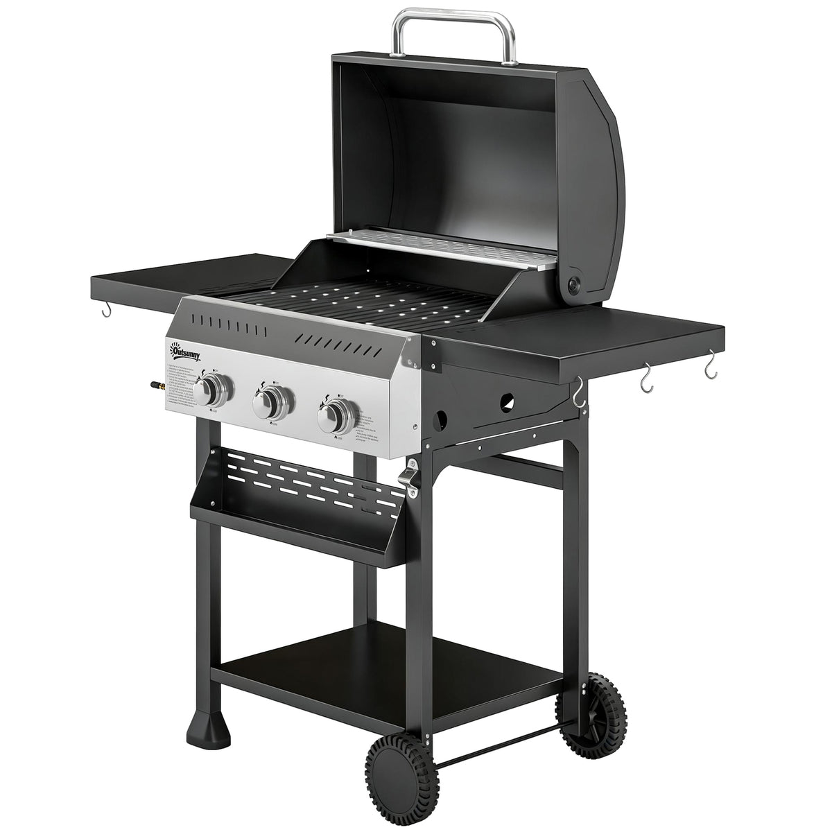Gasgrill 9 KW 3 Brenner BBQ Grillwagen Edelstahl inkl klappbar Seitentisch Gewürzhalter Unterregal 6 Haken