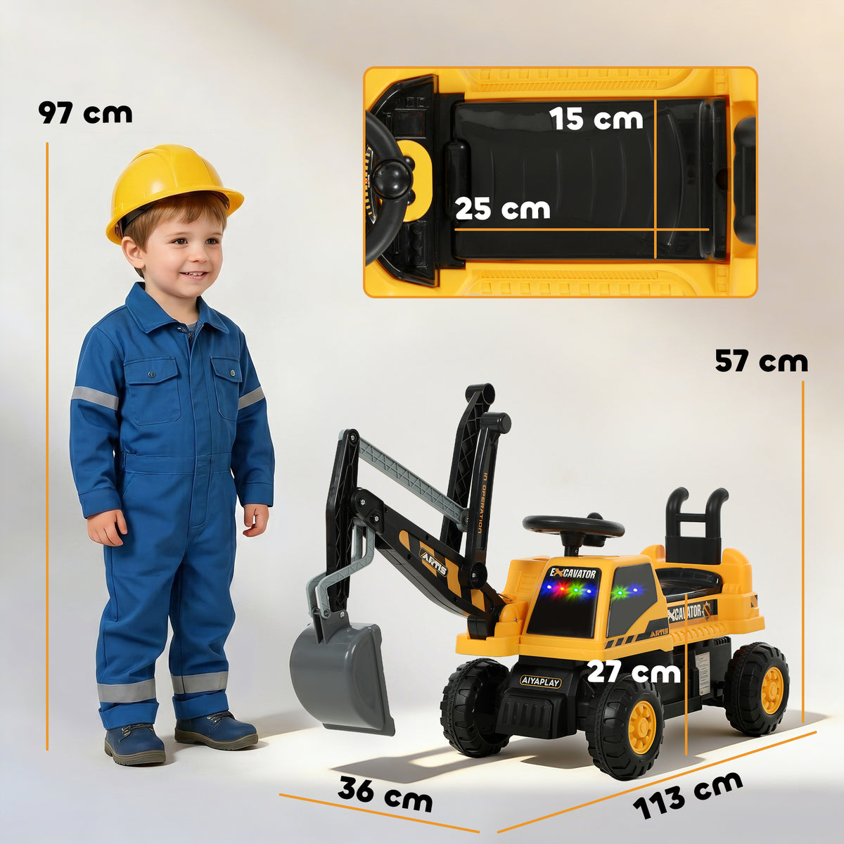 Sitzbagger Aufsitzbagger mit Schaufel Lenkrad drehbar Aufbau verstellbar Rückenlehne für Kinder 1,5-3 Jahre Gelb