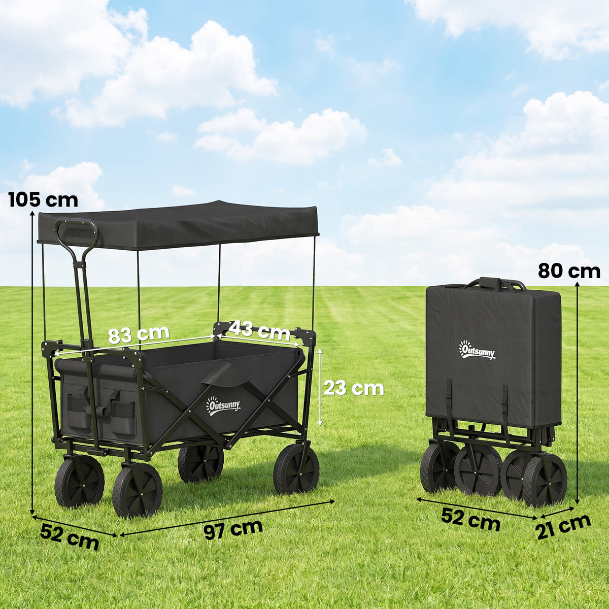 Bollerwagen mit Dach, klappbar, 110L Kapazit?t, Stahlrahmen, 97x52x105 cm, Schwarz