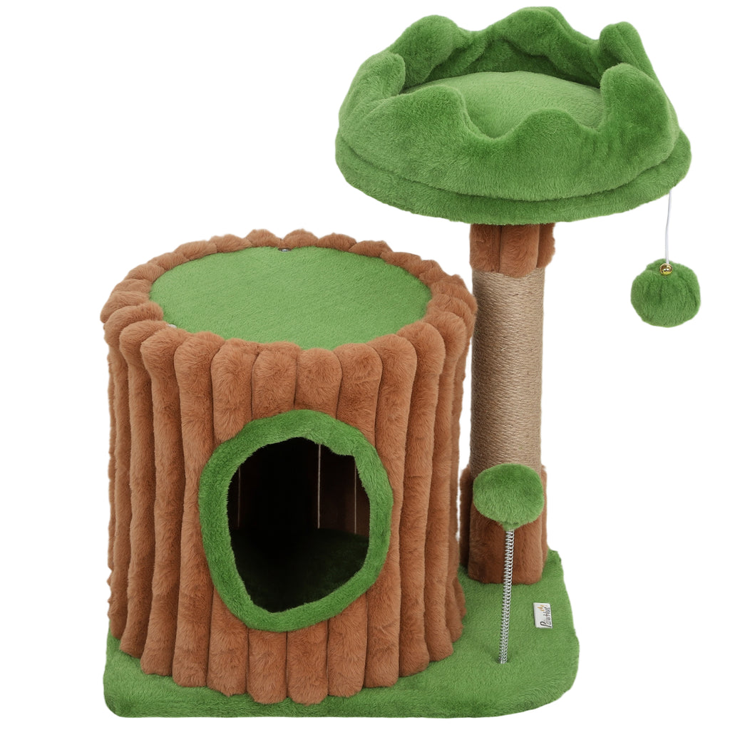 Kratzbaum 53 cm hoch Katzenbaum mit Höhle, Baumstamm-Design, Jutestämme, 2 Bälle für 1-2 Katzen unter 5 kg, Braun+Grün