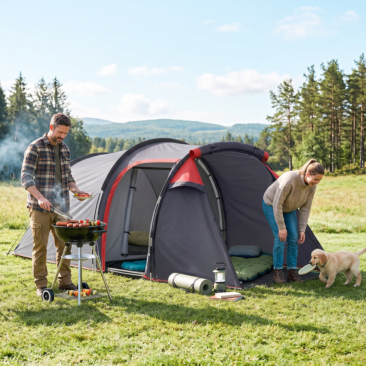 Campingzelt, Wurfzelt für 2 Personen, Vorraum & Schlafbereich, wasserdicht, 426 x 206 x 154 cm, Grau