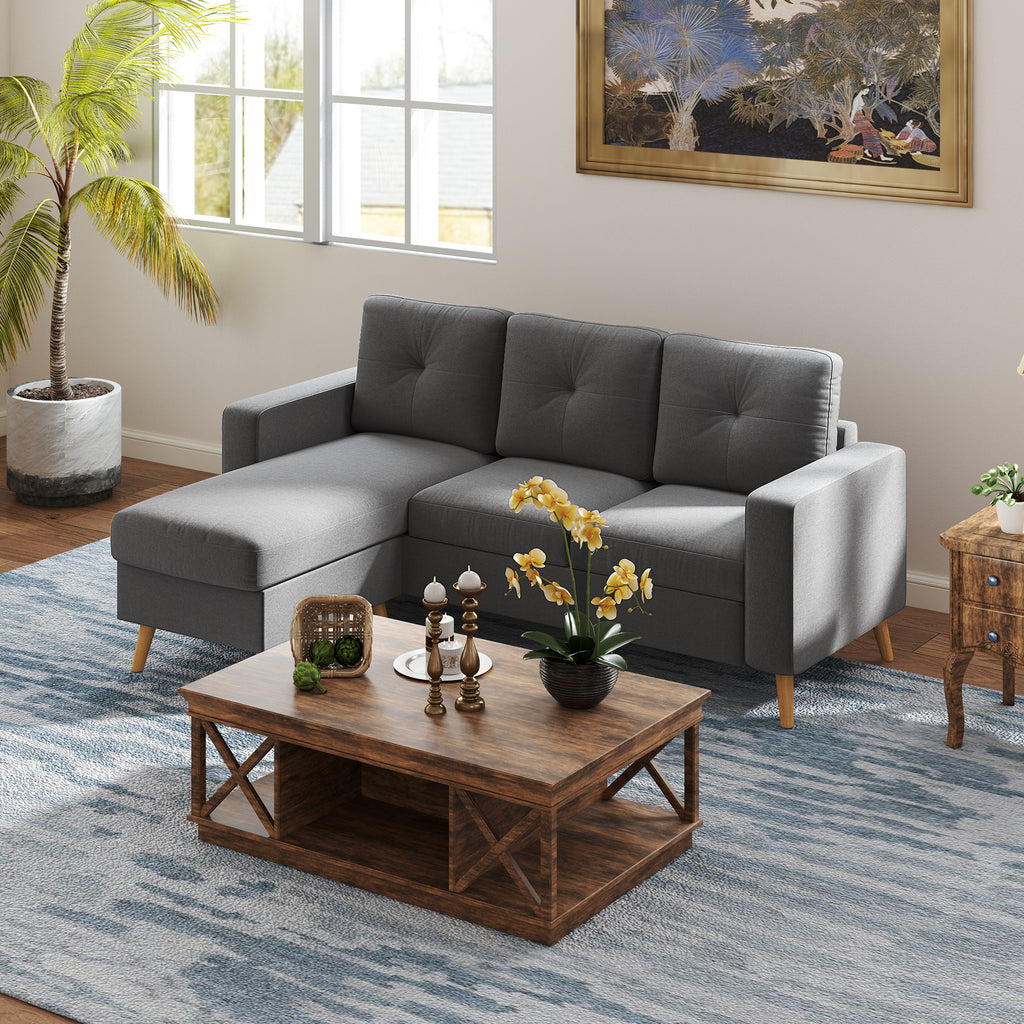 Ecksofa im Skandidesign, mit Knopfheftung, Massivholz, Leinenoptik, Grau
