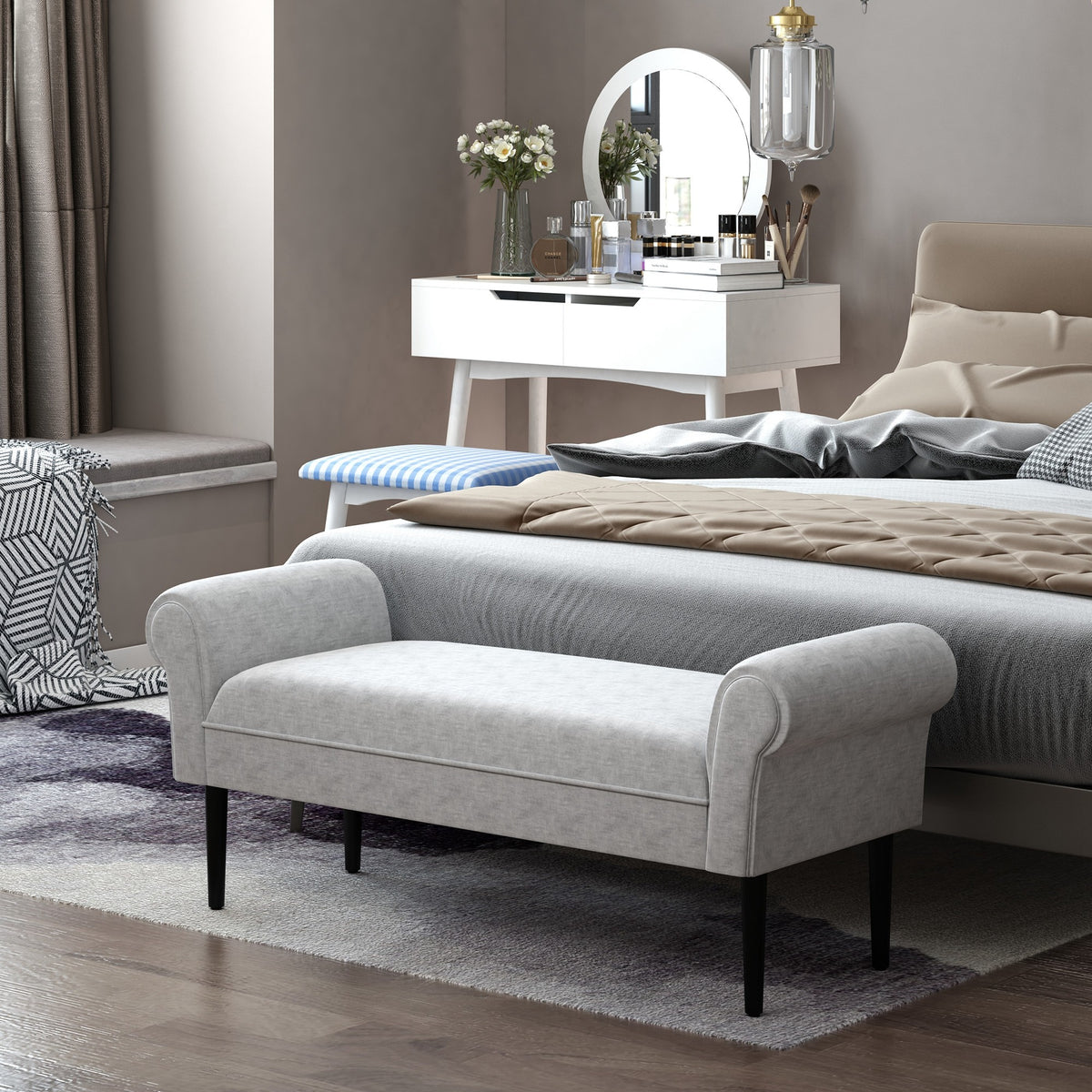  Bed End Bench, Window Seat, Linen Chaise Lounge Sofa with Arm and Wooden Legs for Bedroom, Living Room, Grey