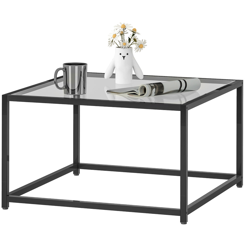 Beistelltisch Quadratisch Nachttisch mit Hartglas-Tischplatte, Couchtisch mit Beinen aus Stahl 68 x 68 x 39 cm Schwarz