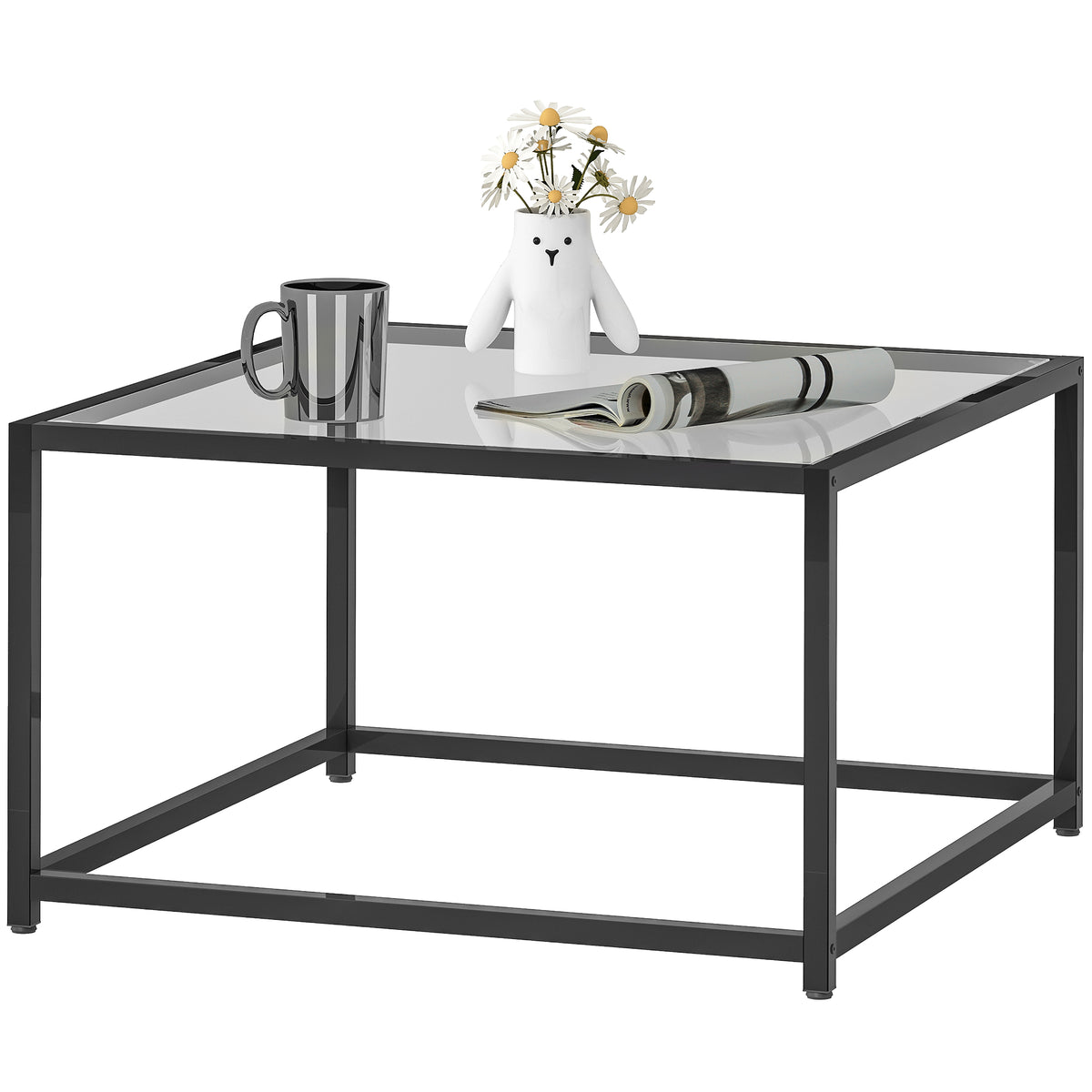 Beistelltisch Quadratisch Nachttisch mit Hartglas-Tischplatte, Couchtisch mit Beinen aus Stahl 68 x 68 x 39 cm Schwarz