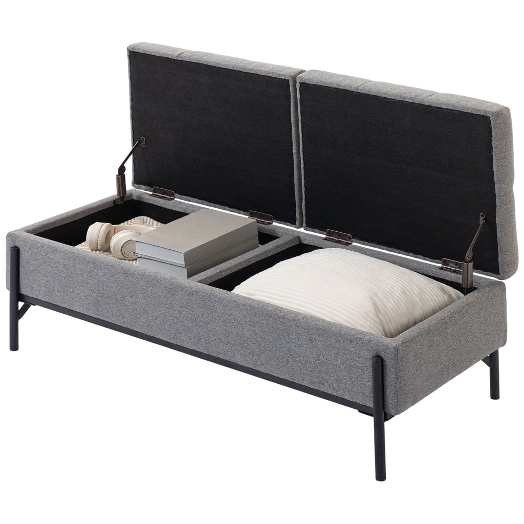 Sitztruhe aus Leinen, Bettbank mit 2 Fächern, klappbaren Deckeln und extra dicker Polsterung, 117 x 50 x 44 cm