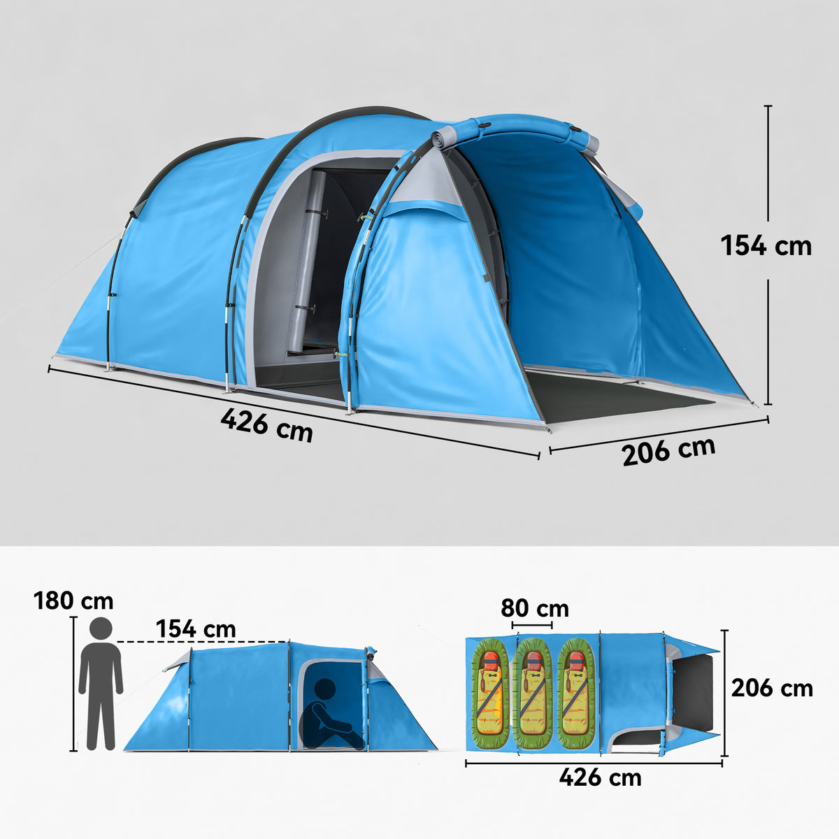 Campingzelt, Wurfzelt für 2 Personen, Vorraum & Schlafbereich, wasserdicht, 426 x 206 x 154 cm, Hellblau