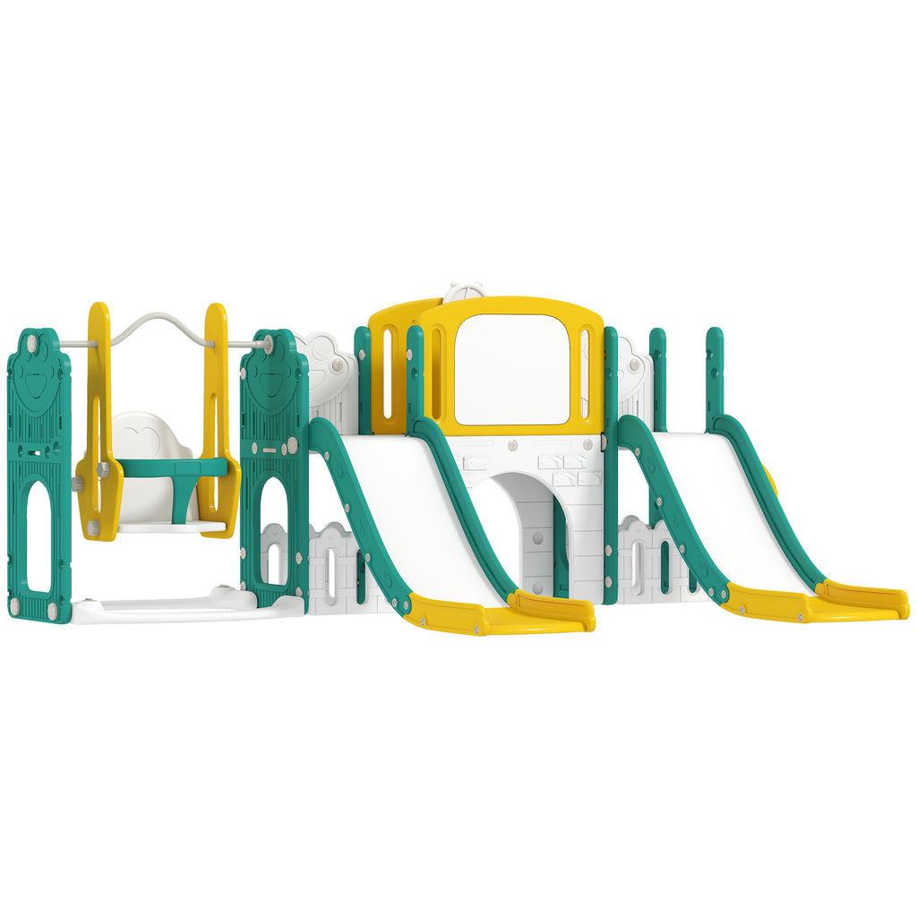 9-in-1 Rutschen- und Schaukelset f¨¹r Kleinkinder, mit Basketballkorb, Teleskop, Zeichenbrett, Frosch-Design, Gelb+Gr¨¹n