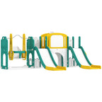 9-in-1 Rutschen- und Schaukelset f¨¹r Kleinkinder, mit Basketballkorb, Teleskop, Zeichenbrett, Frosch-Design, Gelb+Gr¨¹n