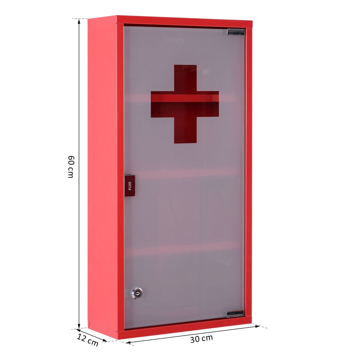 Red Steel wall mounted Medicine Cabinet with 3 shelves + Security Glass Door Lockable 60 cm(H)