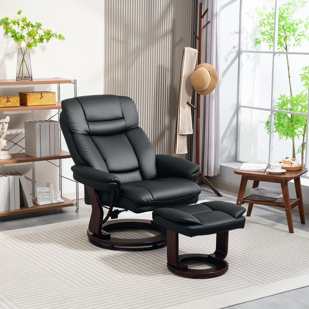 Relaxsessel mit Fußhocker, Verstellbarer Sessel, Kunstleder-Bezug, Polstersessel mit klappbarer Rückenlehne, Schwarz
