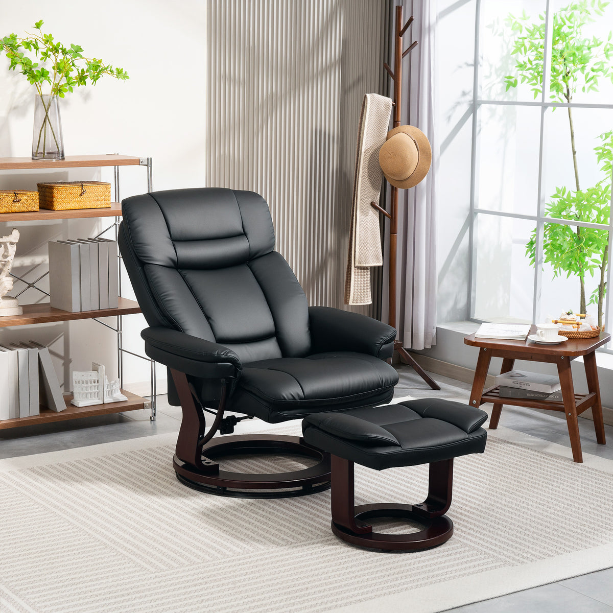 Relaxsessel mit Fußhocker, Verstellbarer Sessel, Kunstleder-Bezug, Polstersessel mit klappbarer Rückenlehne, Schwarz