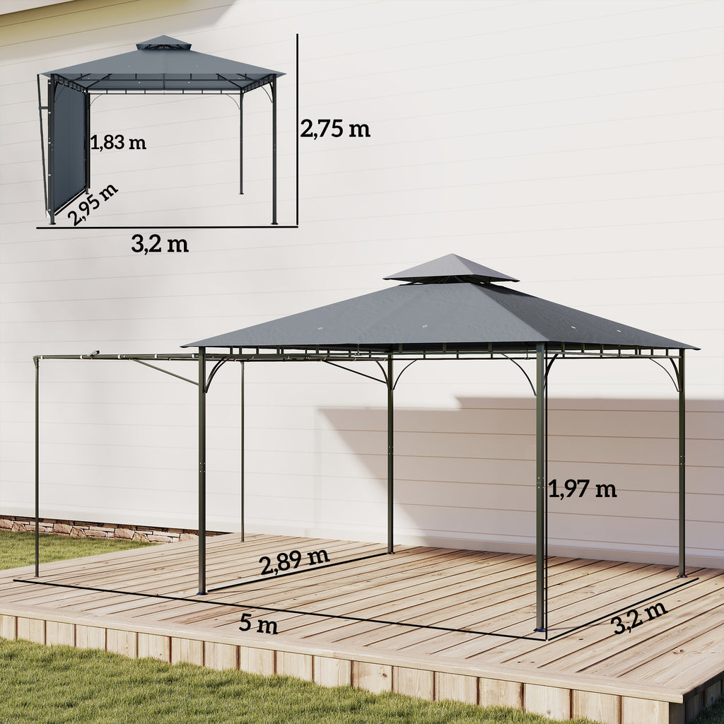Pavillon 3,2x3,2 m Stabil Winterfest Gartenpavillon mit ausziehbaren Dachüberstand, Doppeldach Dunkelgrau