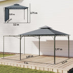 Pavillon 3,2x3,2 m Stabil Winterfest Gartenpavillon mit ausziehbaren Dachüberstand, Doppeldach Dunkelgrau