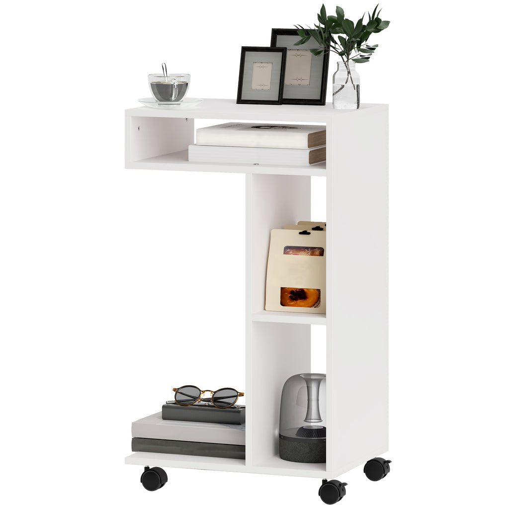 Beistelltisch, C-f?rmiger Servierwagen, 4 Rollen, 3 F?cher, 40 x 30 x 69 cm, Wei?