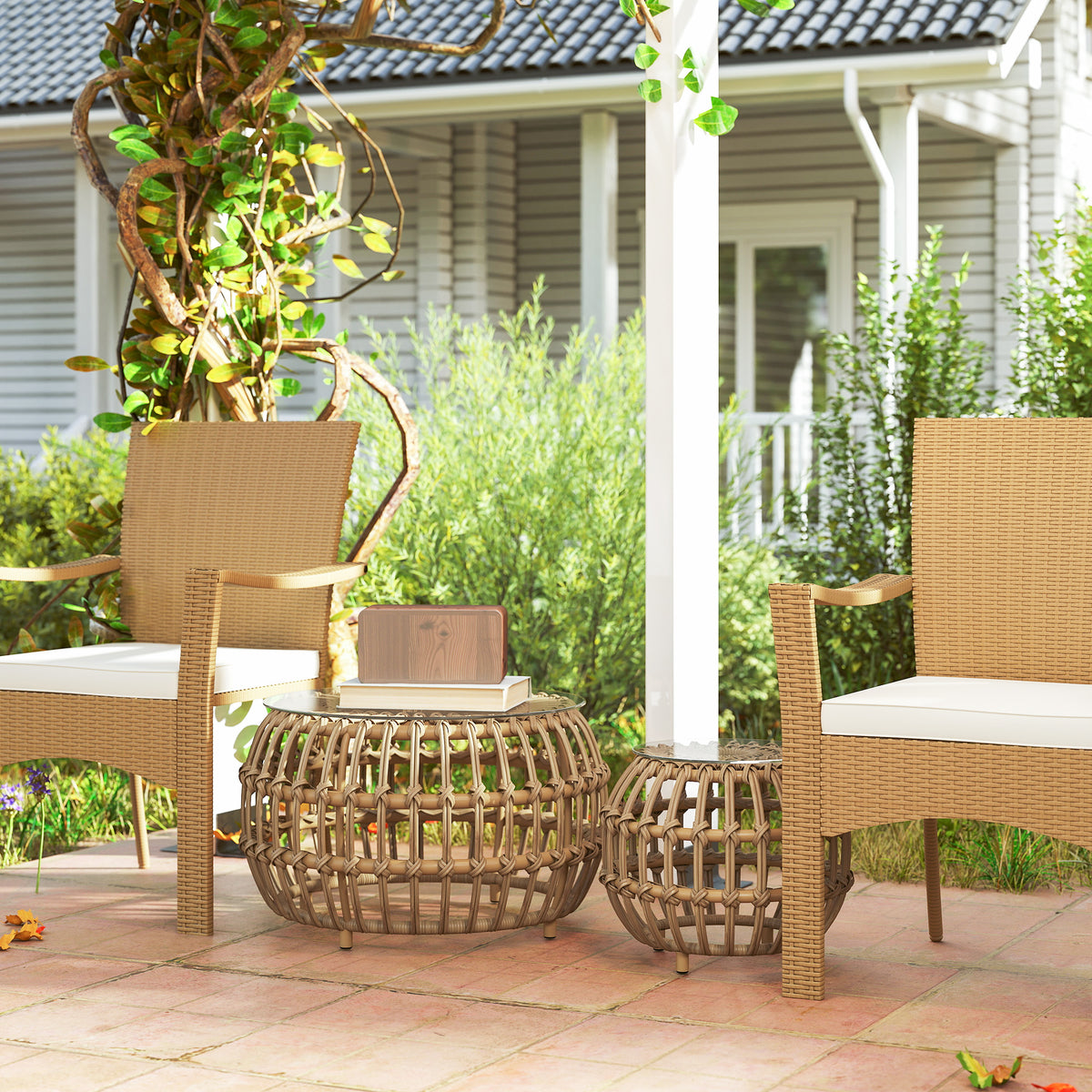 2er Set Beistelltisch Polyrattan ?66/42 cm rund wetterfest Gartentisch mit Glasplatte Braun
