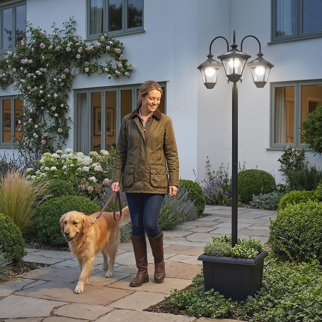 Solar Lamp Post with Dusk-to-Dawn Sensor Street Light with 3-Head Planter 185 cm Black