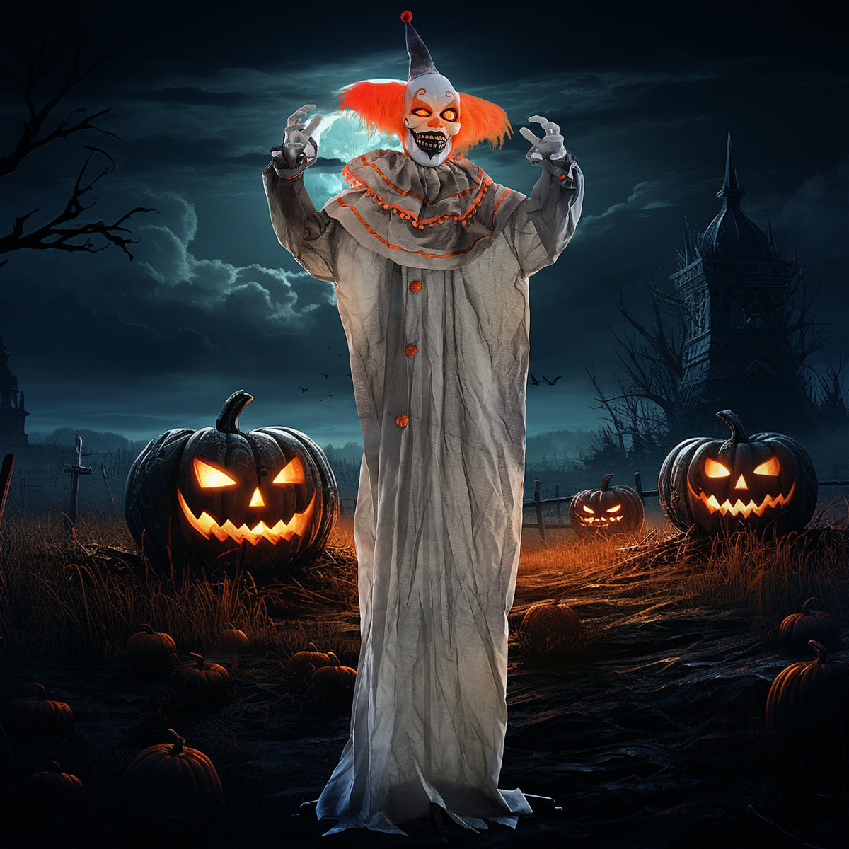 6' Orange Clown Halloween Animatronic, with Glowing Eyes