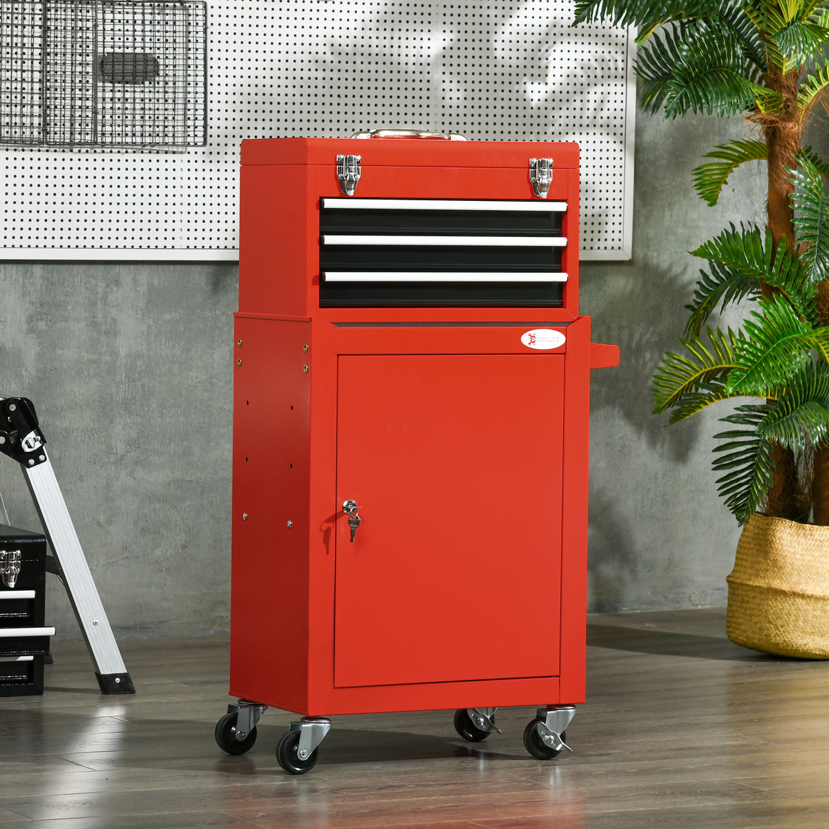 2-in-1 Werkzeugwagen, mobil, 3 Schubladen, Werkzeugtafel, Stahlgeh?use, 46L x 28B x 94H cm, Rot