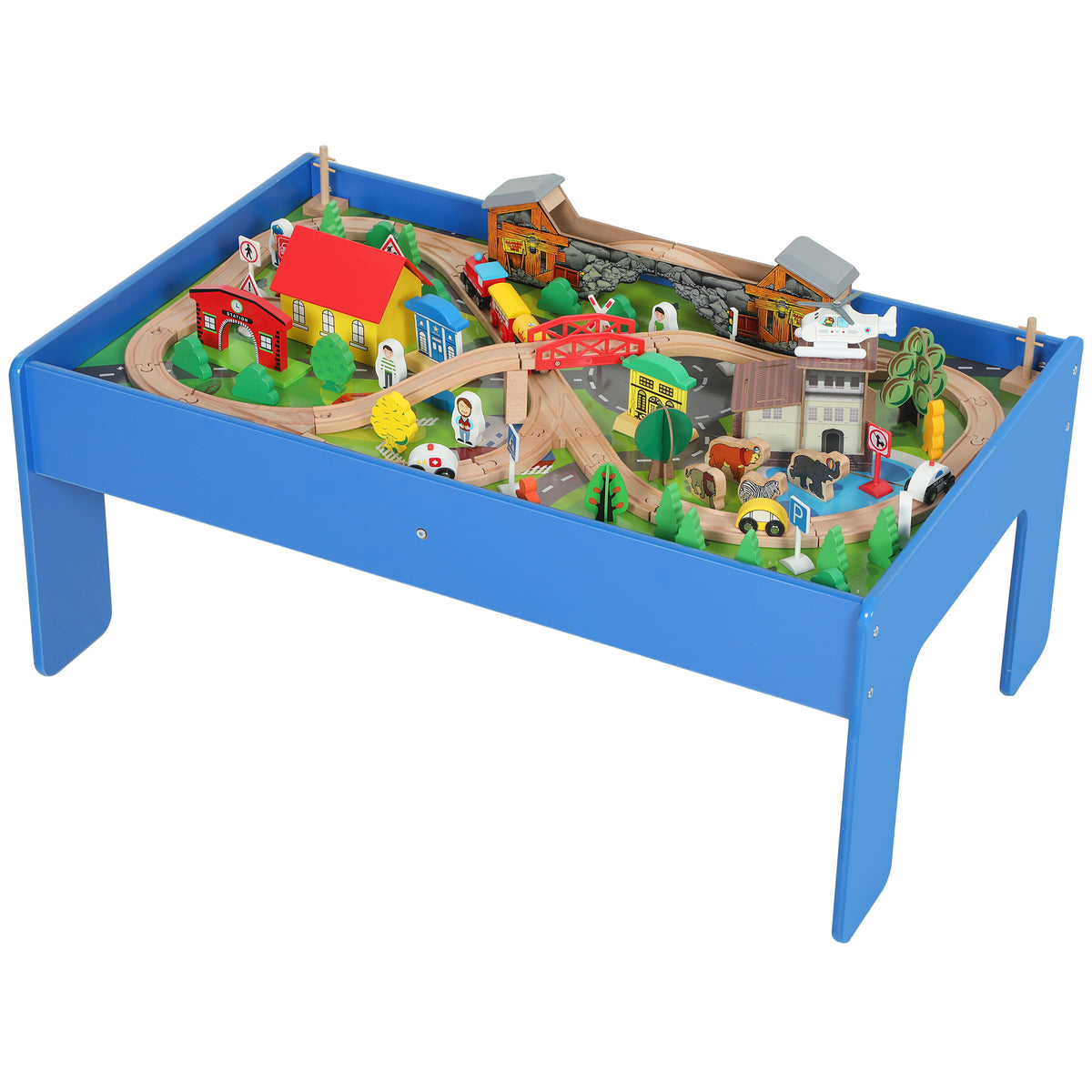 Spieltisch, 108-teiliges Eisenbahn-Set aus Holz, mit abnehmbarer Tischplatte, Eisenbahntisch, 98x60,5x40 cm, Blau