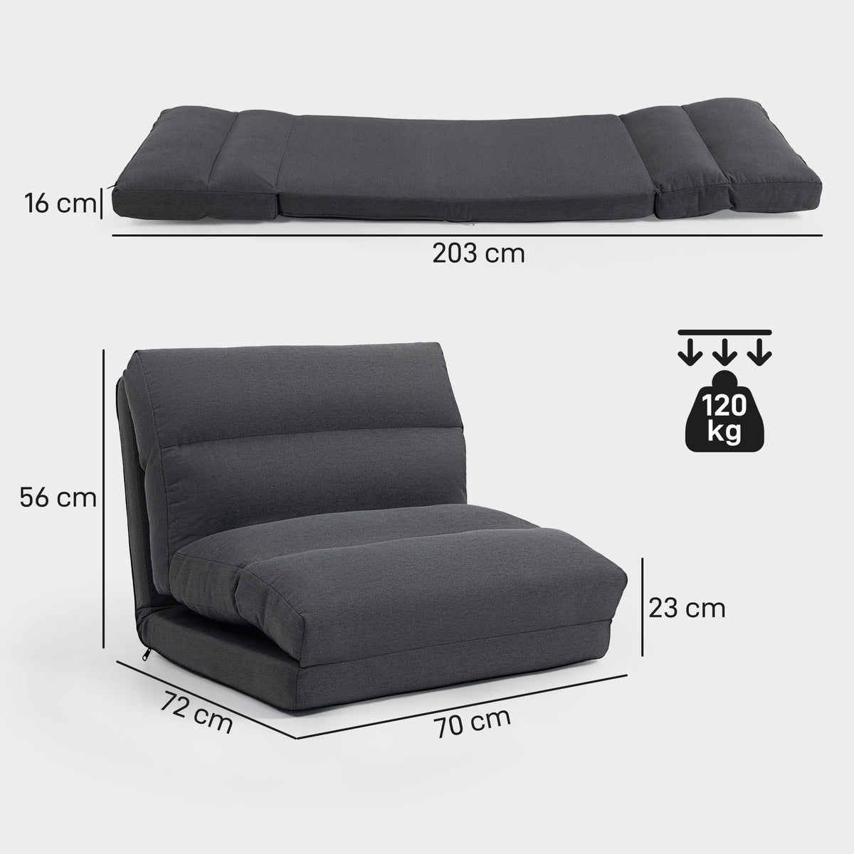 Sitzsack mit Bettfunktion, neigbare Lehne, klappbar, bis 120kg, 70 x 72 x 56 cm, Dunkelgrau