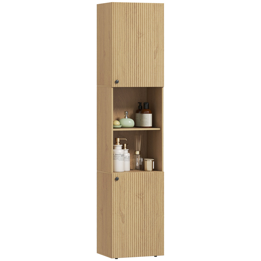 Hoher Badezimmerschrank, 6 Ebenen, 2 Schränke, 2 offene Regale, offene Fächer, Holz, Eichenfarben