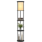 Stehlampe mit 3 Regalen, rundes Design, Fernbedienung, Fußschalter, verstellbare Lichtwärme, für Wohnzimmer, Schwarz