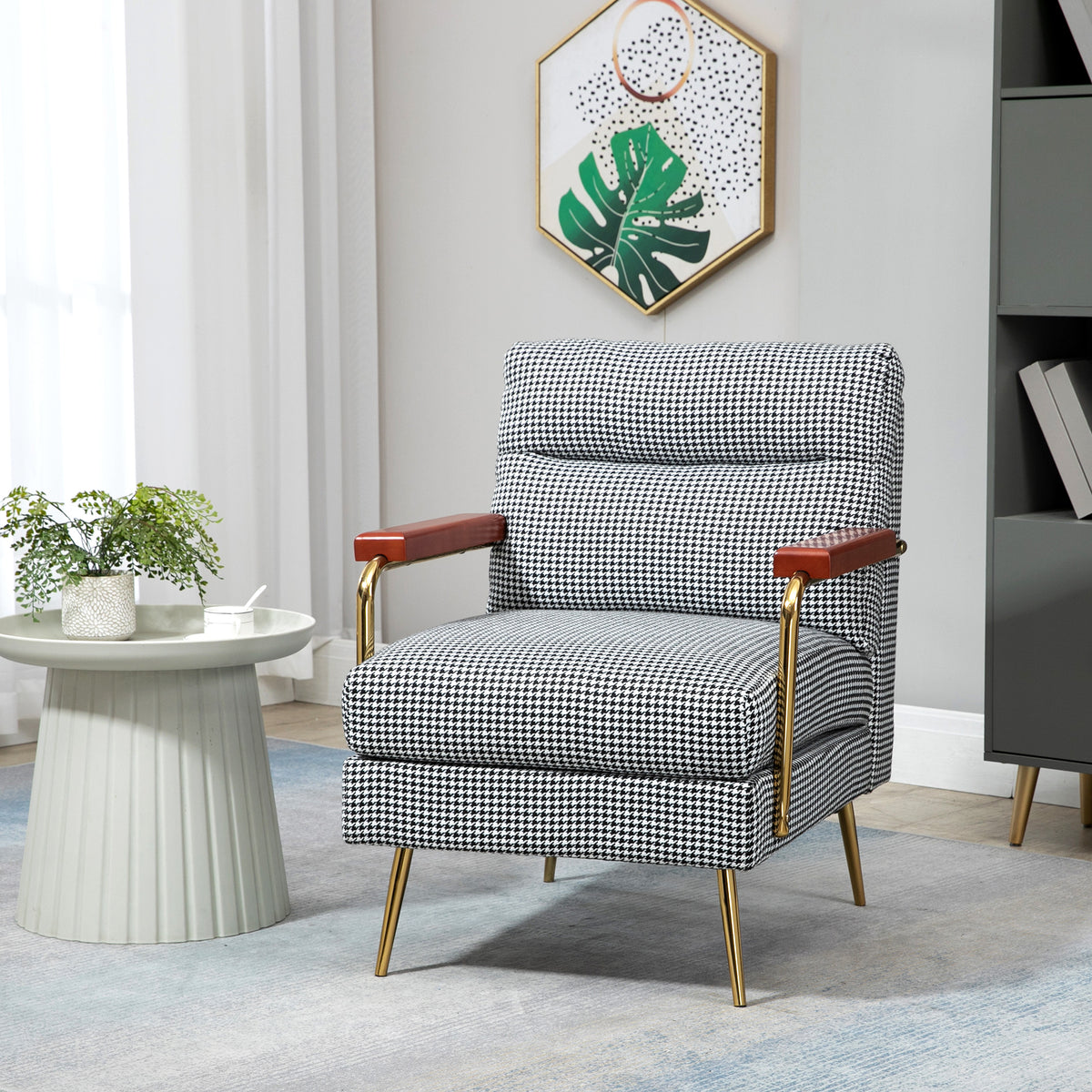 Sessel im Retrodesign, Akzentsessel, Hahnentrittmuster, Holzemelente, Federkern, Schwarz + Weiß