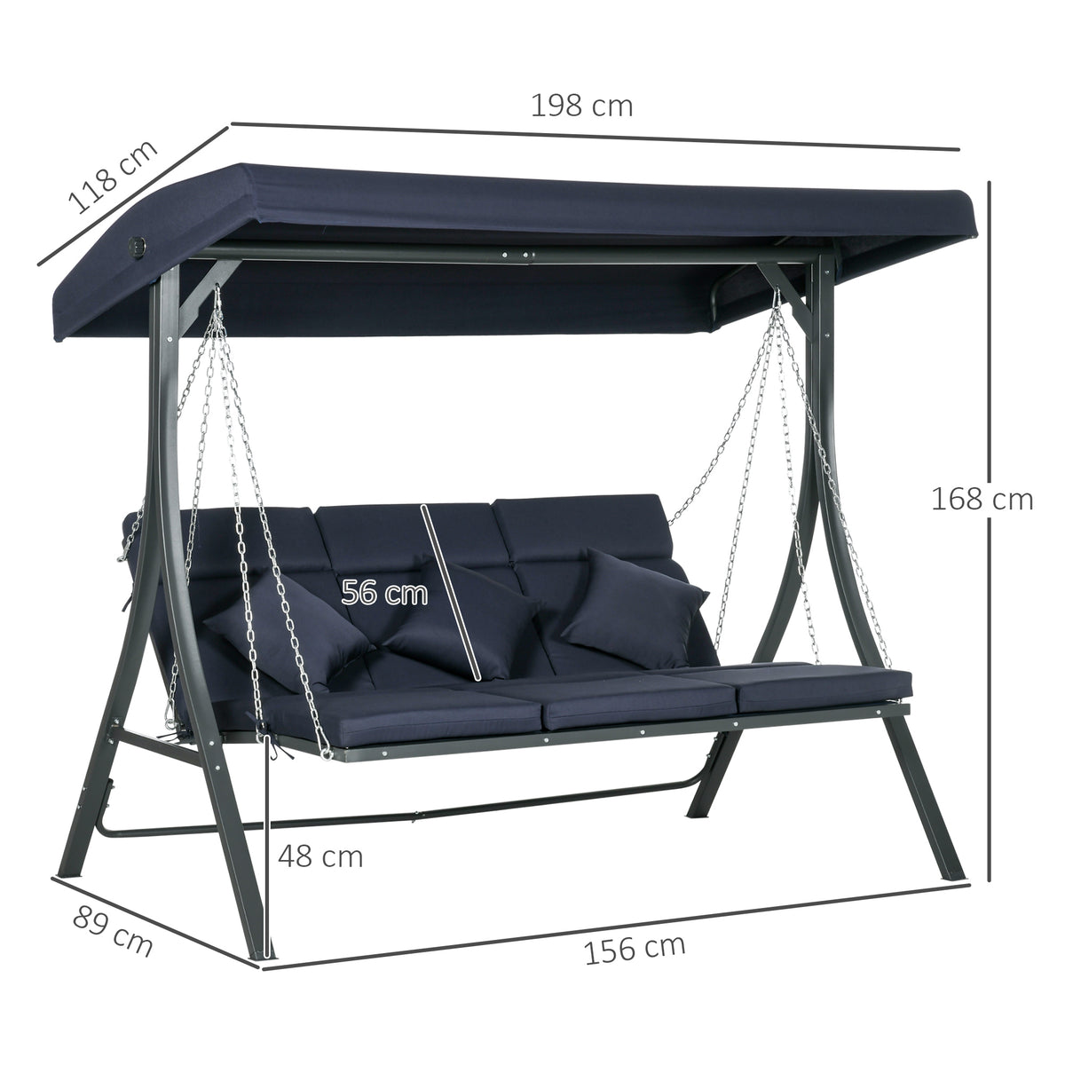 Hollywoodschaukel Gartenschaukel, 3 Personen, verstellbares Sonnendach, 198 x 118 x 168 cm, Dunkelblau