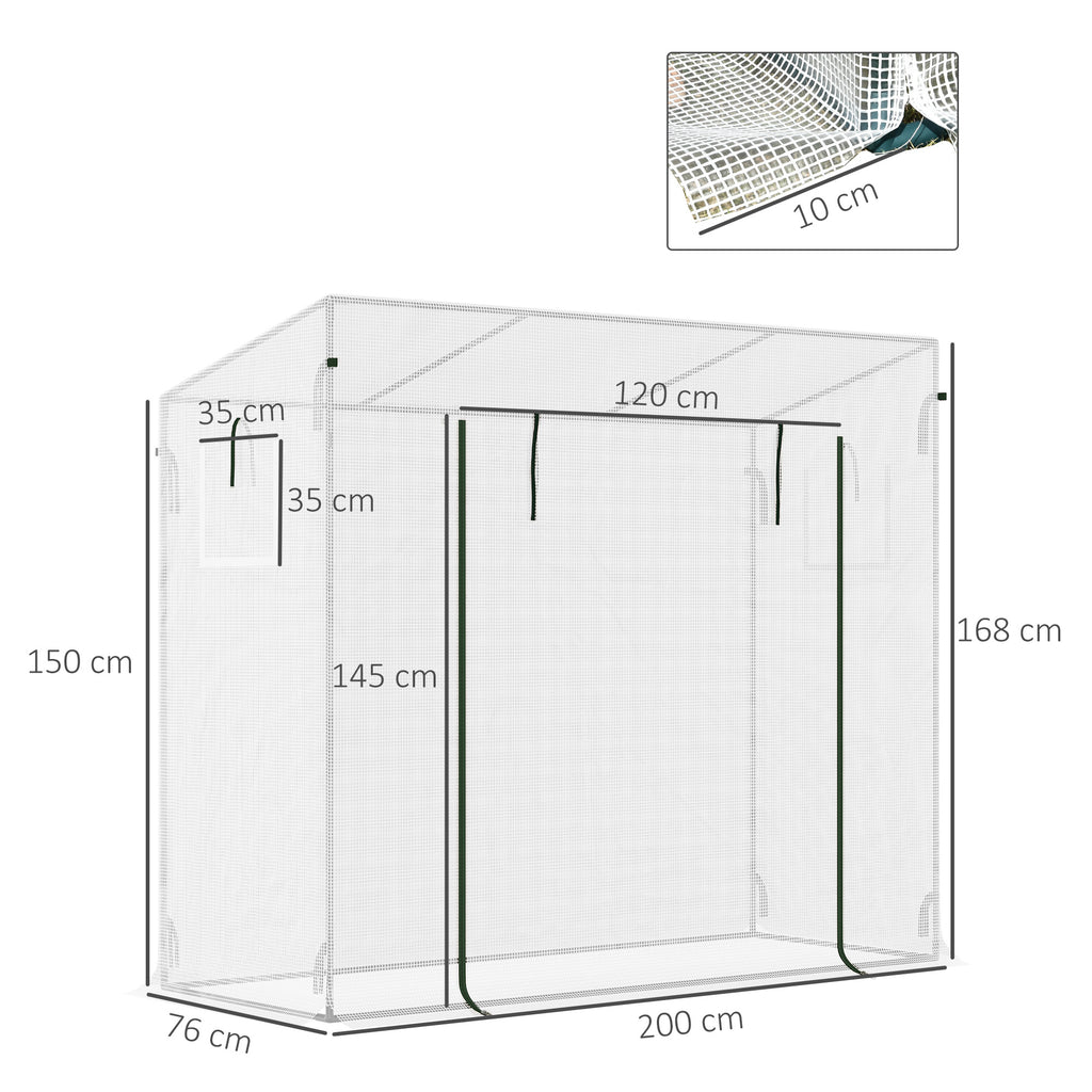 Small Walk-in Garden Greenhouse with Steel Frame, Large Roll-up Door and Windows, 200Lx76Wx168Hcm, White