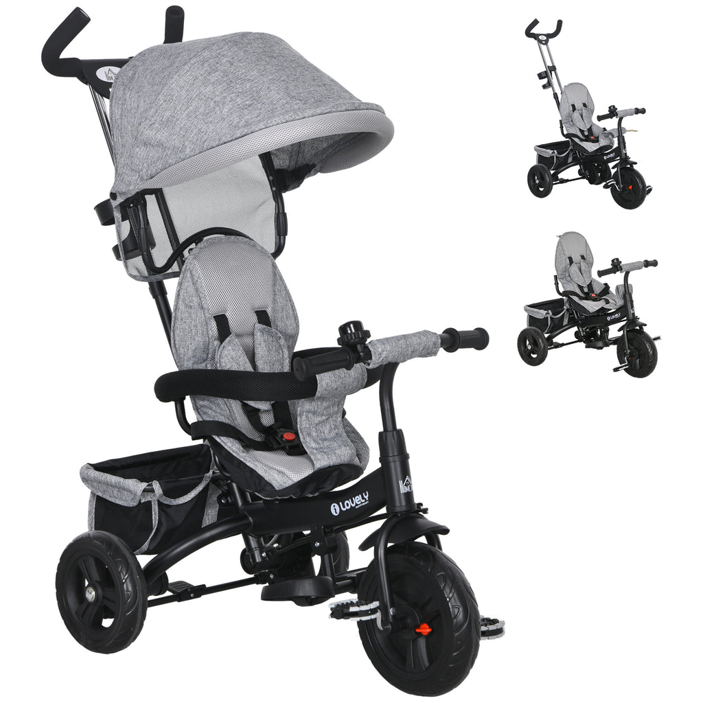 6 in 1 Kids Trike Push Bike w/ Push Handle, Canopy, 5-point Seat Belt, Storage, Footrest, Brake, for 1-5 Years, Grey