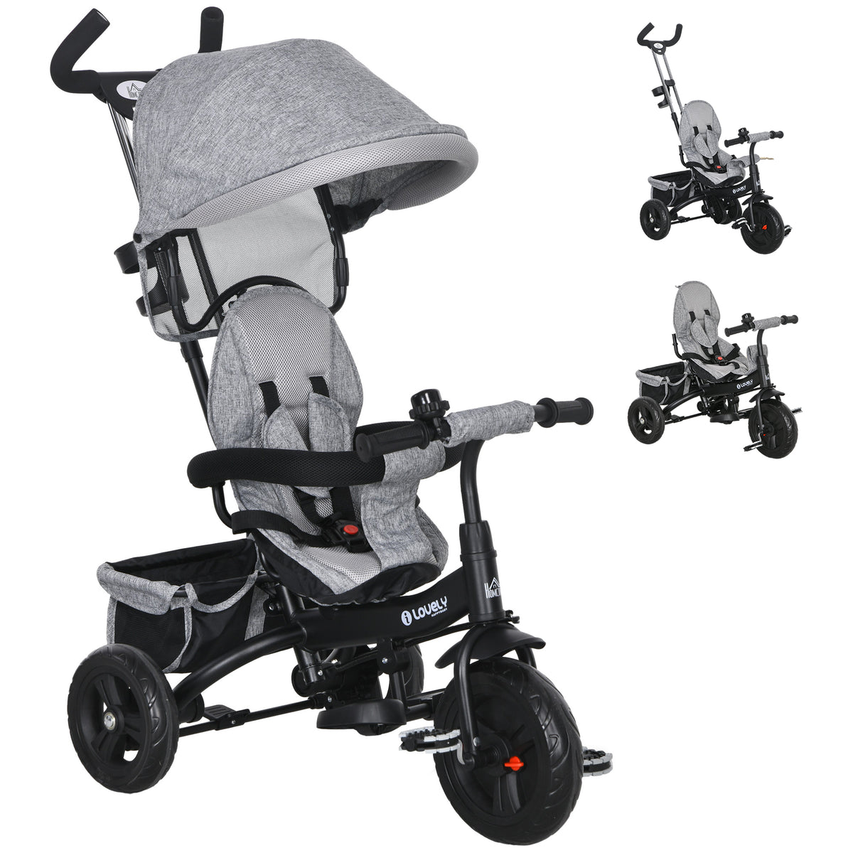 6 in 1 Kids Trike Push Bike w/ Push Handle, Canopy, 5-point Seat Belt, Storage, Footrest, Brake, for 1-5 Years, Grey