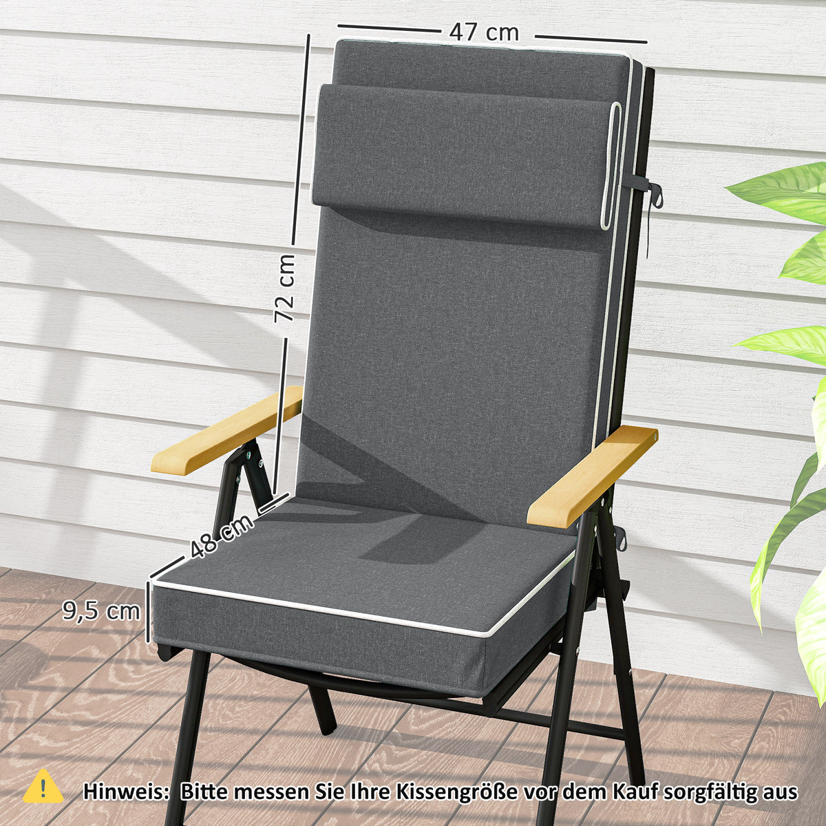 Sitzkissen 120 x 47 x 9,5 cm wasserabweisend Stuhlkissen mit B?ndern, Kopfst¨¹tze, UPF50+ Dunkelgrau