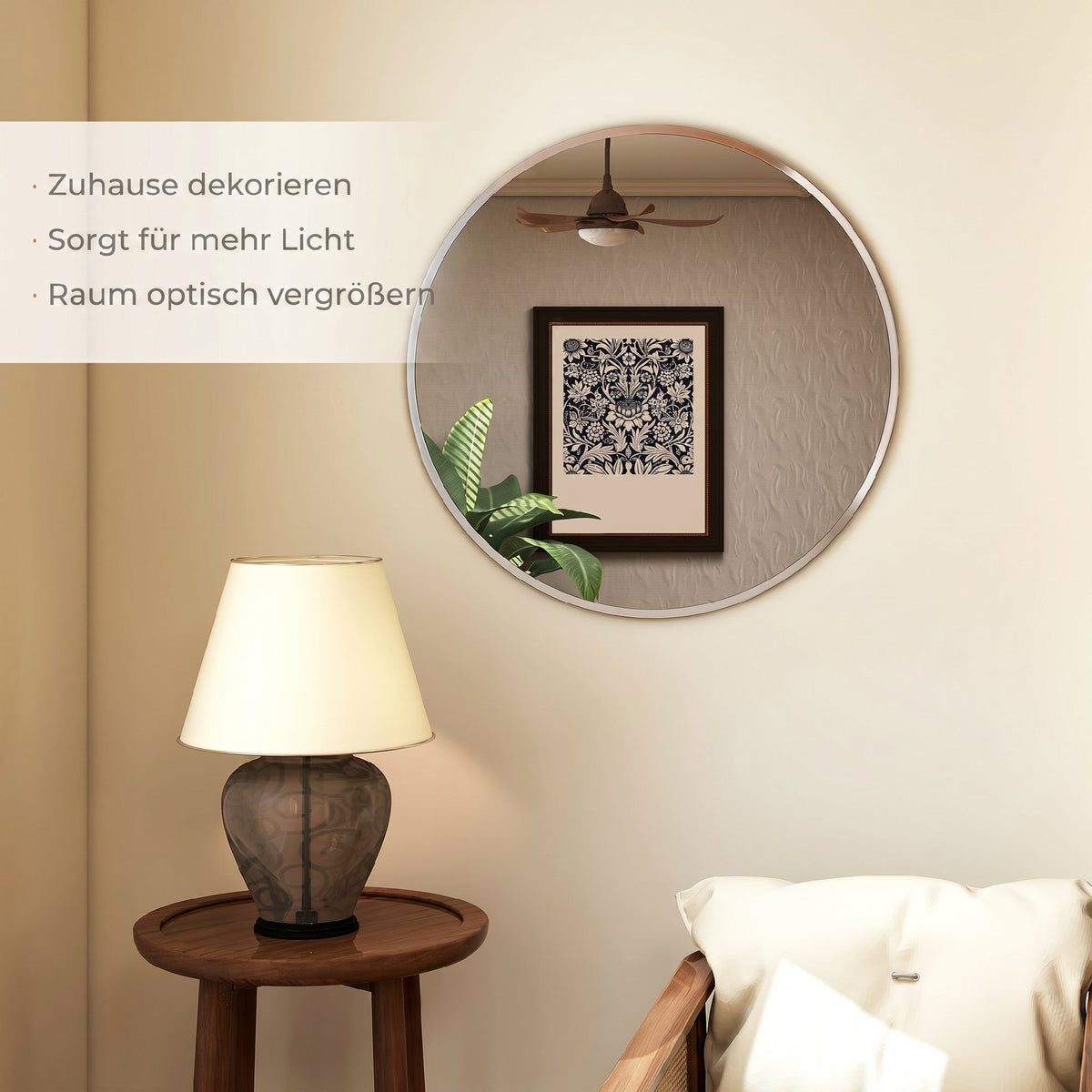 Wandspiegel, modernes Design, 61 x 61 cm, Silber
