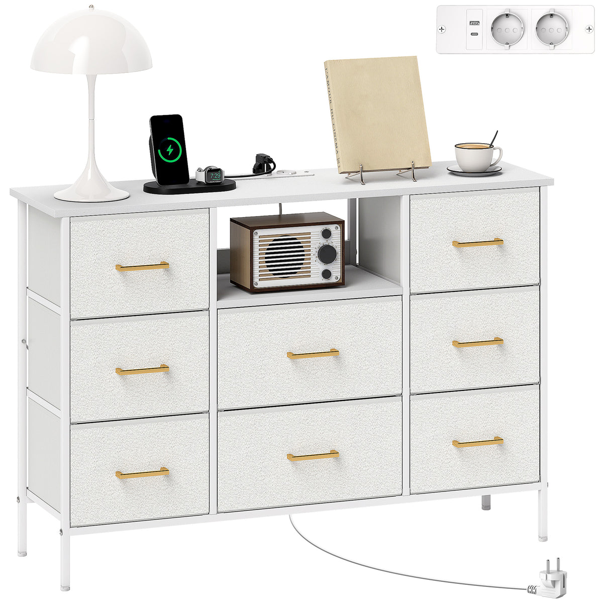 Kommode, Aufbewahrungsschrank mit 8 Schubladen aus Stoff, Steckdosenleiste, Stahlrahmen, Schubladenschrank f¨¹r Flur, Schlafzimmer, Wohnzimmer und B¨¹ro, Cremewei?