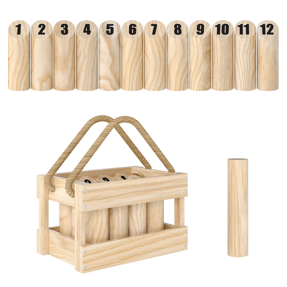 Molkky Game, Wooden Skittles Throwing Game with 12 Skittles, 1 Throwing Pin and Carrying Box, Outdoor Games for Adults, Garden, Picnic, Beach, Party