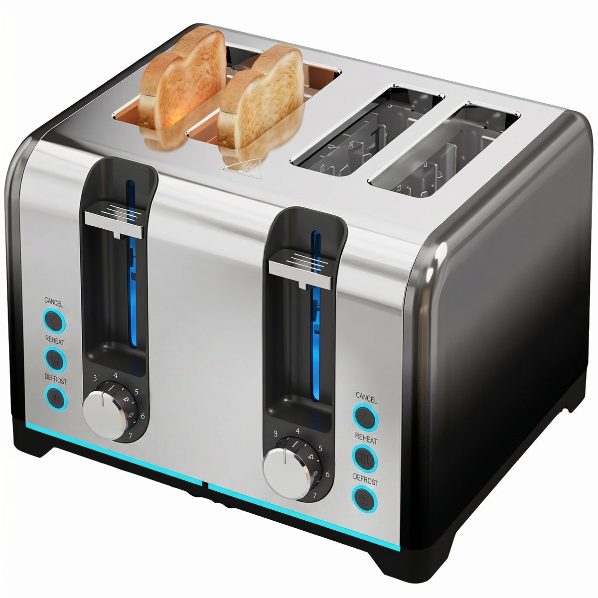 4-Scheiben-Toaster mit 7 Bräunungsstufen, Aufwärm-, Auftau- und Abbruchfunktion