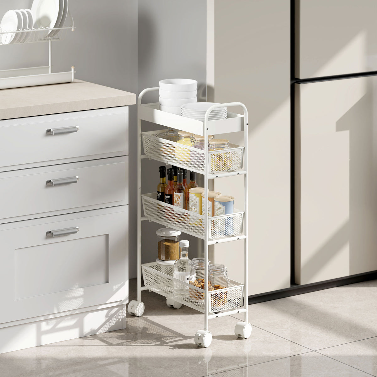 K¨¹chenwagen aus Metall, 3 K?rbe, schmales Design, 4 R?der, f¨¹r K¨¹che, Wohnzimmer, Badezimmer, Wei?
