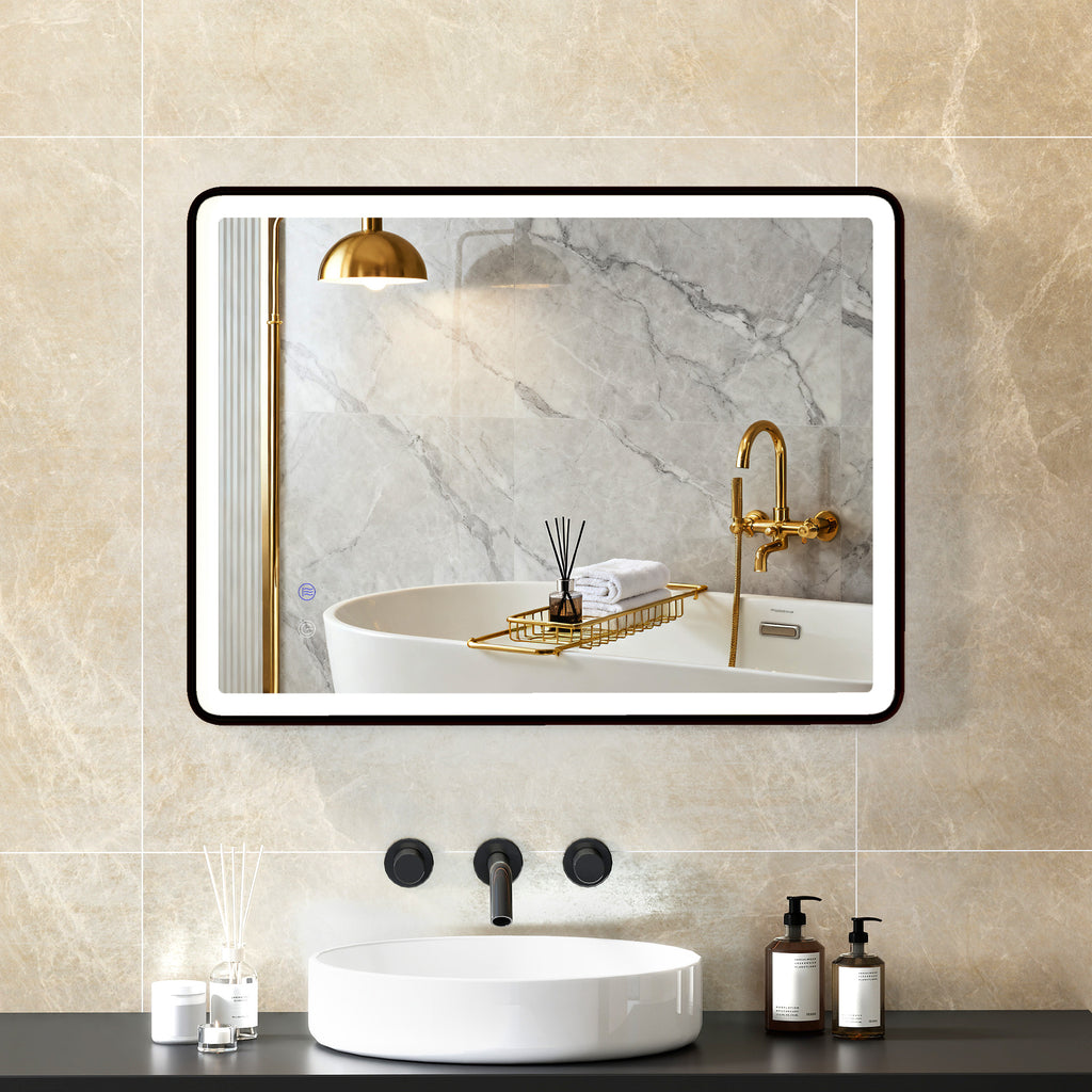 LED-Badezimmerspiegel Anti-Beschlag Dimmbare Schminkspiegel mit Beleuchtung 80 x 60 cm Schwarzer Rahmen