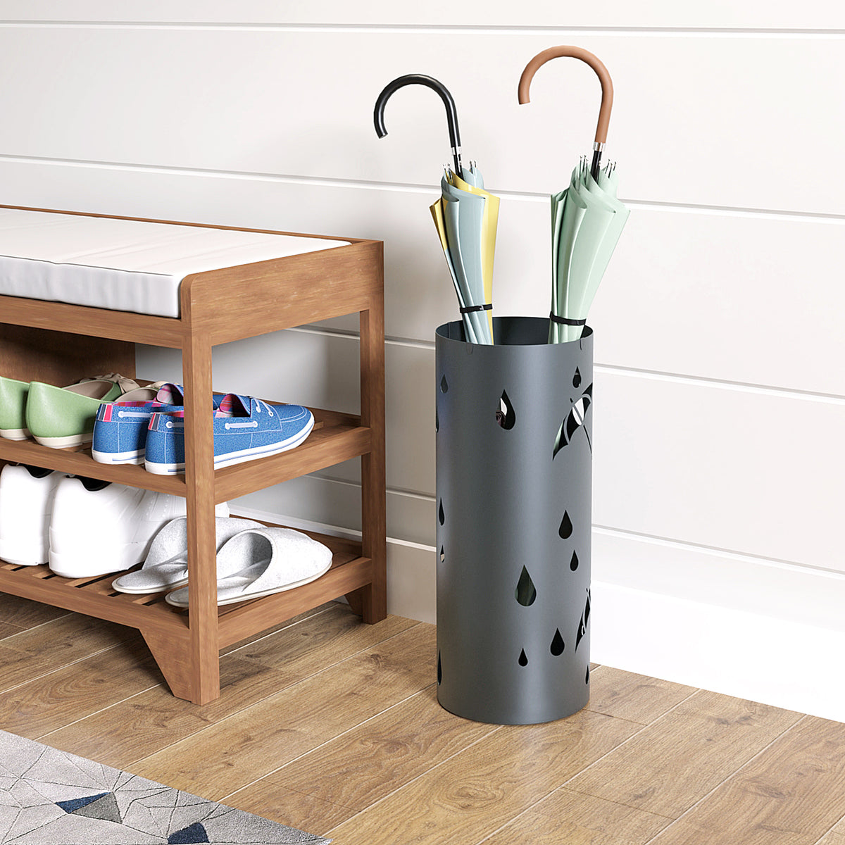 Freestanding Umbrella Stand for Hallway, Round Umbrella Basket with 4 Hooks and Drip Tray for Entryway, Dark Grey
