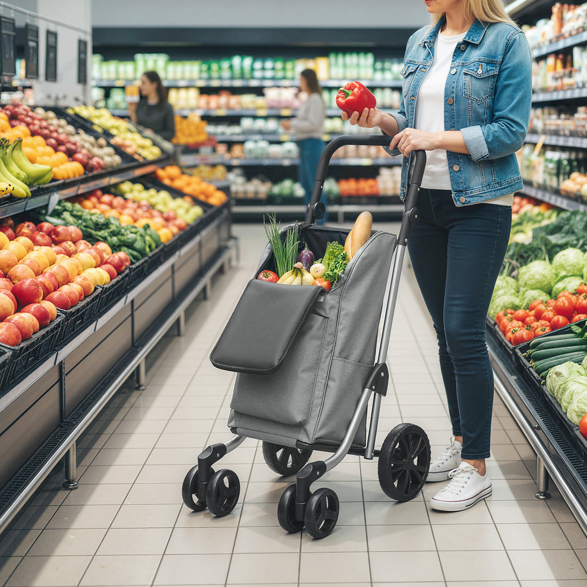 Einkaufstrolley, 46 Liter Tasche, Faltbarer Einkaufswagen mit K¨¹hltasche, verstellbarer Griff, Aluminiumrahmen, Grau