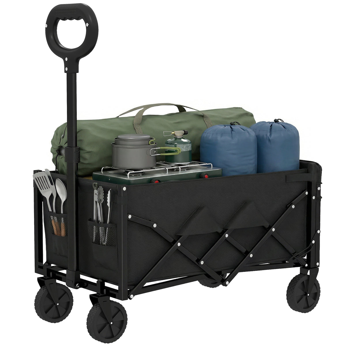 60L Foldable Festival Trolley on Wheels, Collapsible Wagon Cart with Drop-Down Tailgate, Adjustable Handle, Black
