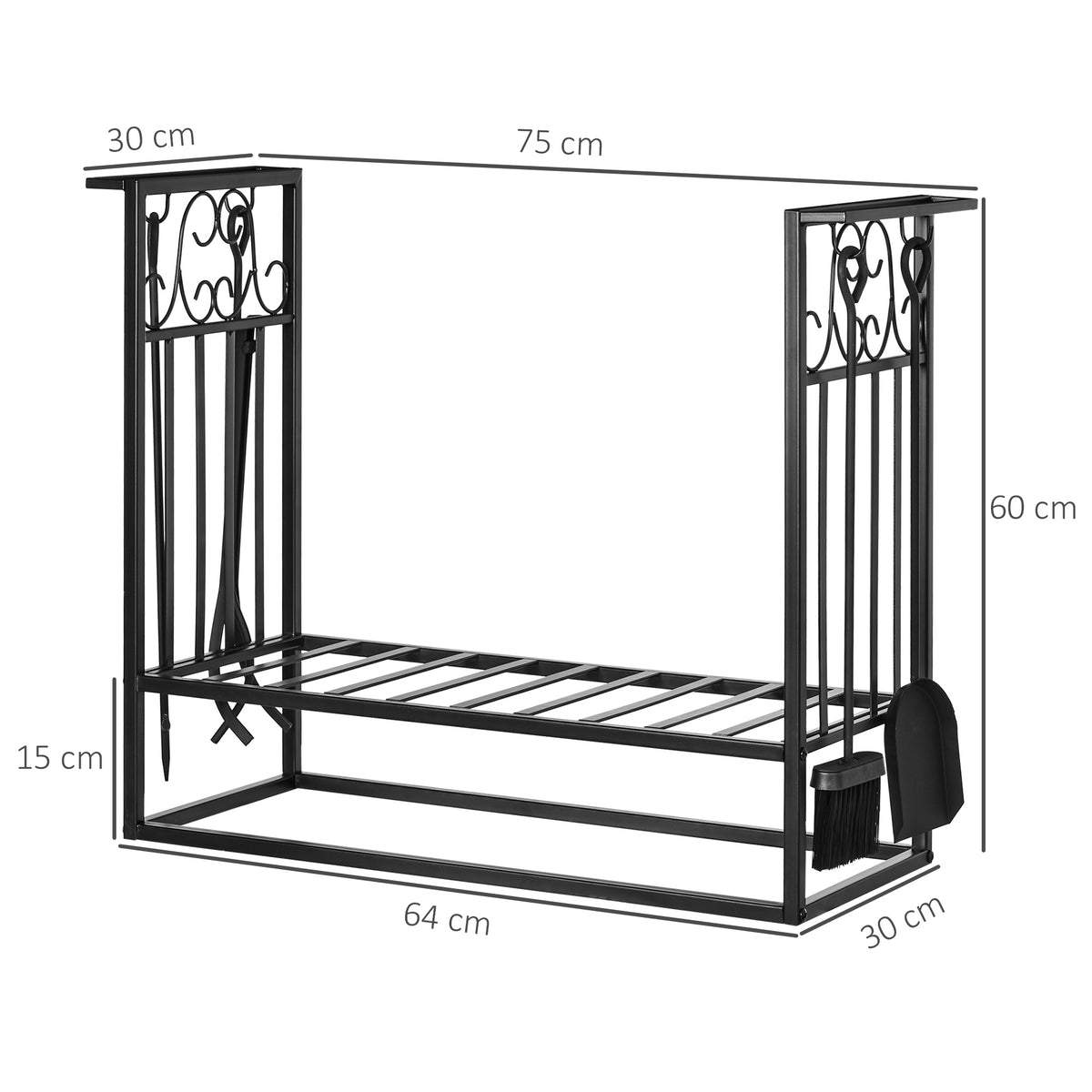 Kaminholzständer mit Kaminbesteck, Brennholzregal, Feuerholzablage, Kaminwerkzeug, Stahl Schwarz 75 x 30 x 60 cm