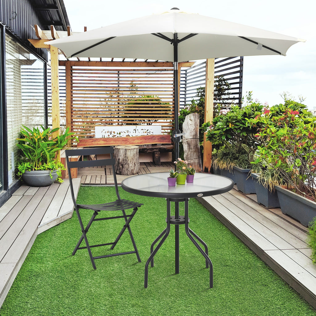  80 cm Round Garden Dining Table with Parasol Hole for 4, Outdoor Coffee Bistro End Side Table with Tempered Glass Top and Steel Frame for Patio, Porch, Black