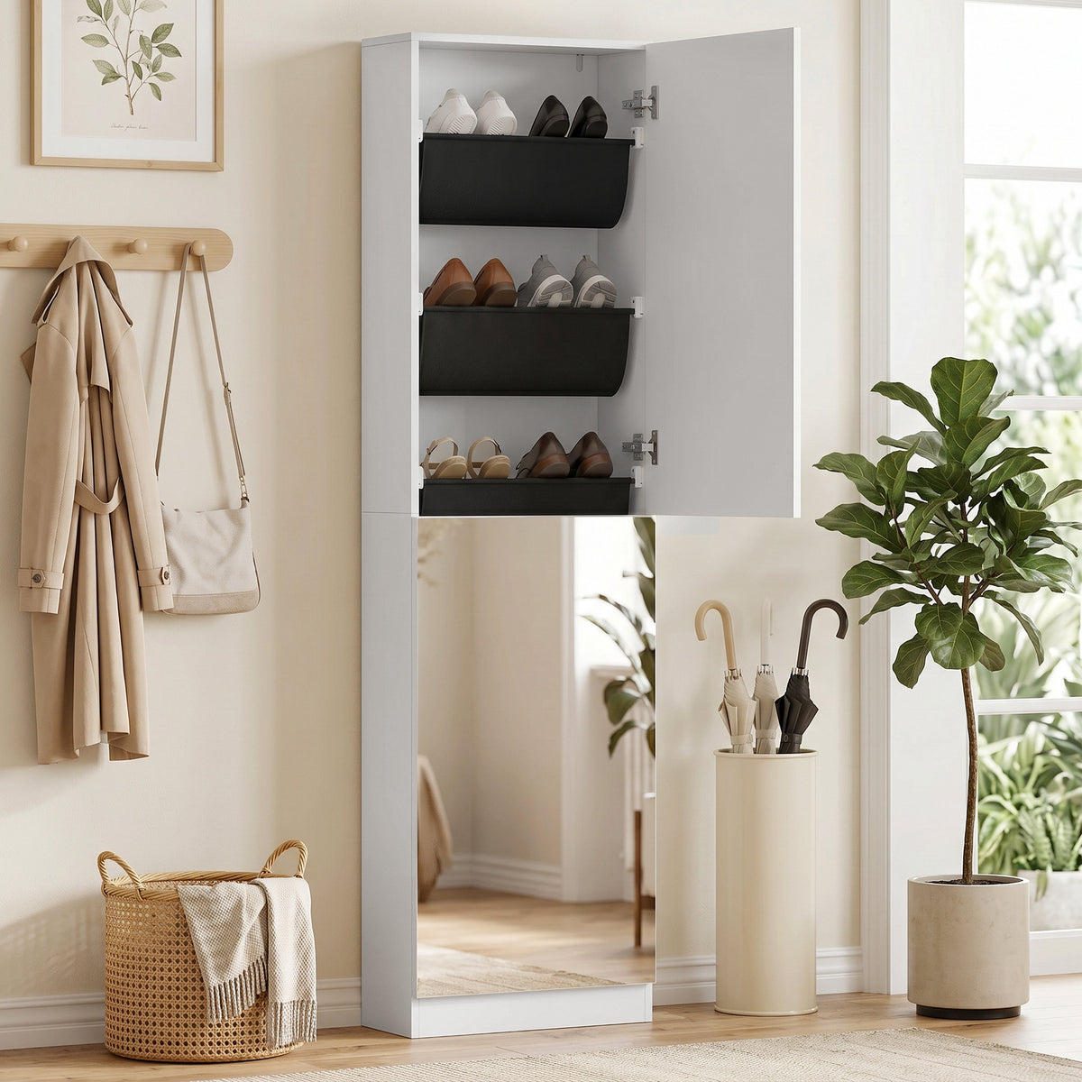 Schuhschrank mit Spiegel, 5-stufiger Schmale Schuhkommode mit Soft-Close-Türen, für 12 Paar, 50 x 20 x 180 cm, Weiß