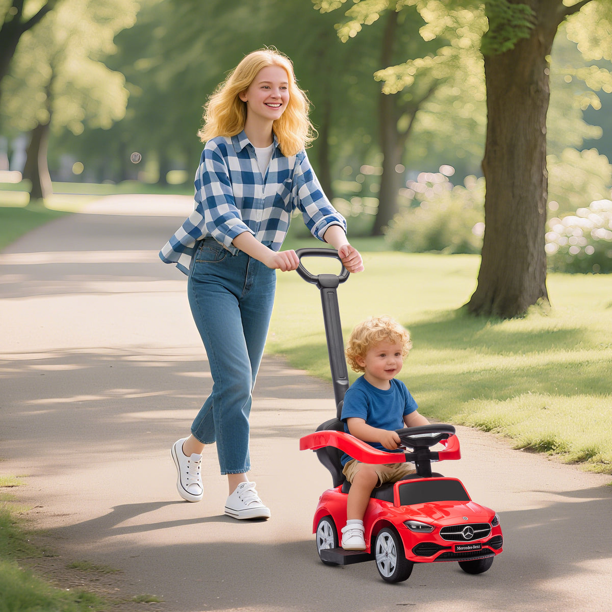 2 in 1 Baby Ride on Push Car Mercedes-Benz C-Class Licensed Walker Foot to Floor Push-Along with Removable Handle, Red