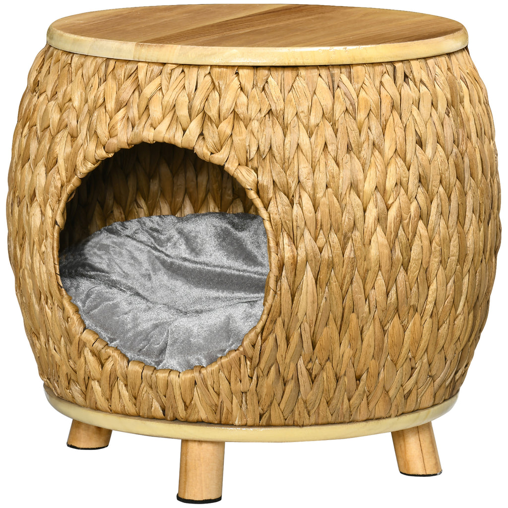Katzenhöhle aus Wasserhyazinthengras, waschbares Kissen, 44 cm x 43 cm x 42 cm Hellbraun+Naturholz+Grau